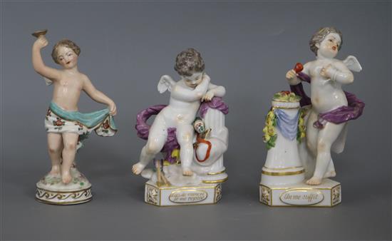 A pair of German, Meissen style Amorini with one other figure tallest 14.5cm